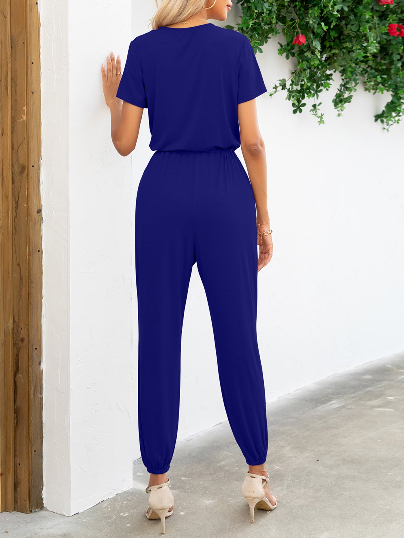 Short Sleeve V-Neck Jumpsuit with Pockets - Online Only