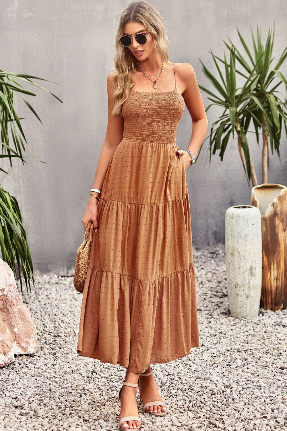 Smocked Lace-Up Tiered Dress - Online Only