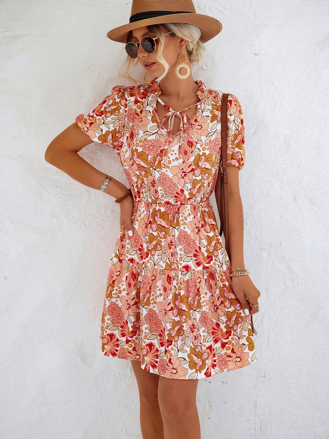 Floral Tie Neck Puff Sleeve Tiered Dress - Online Only