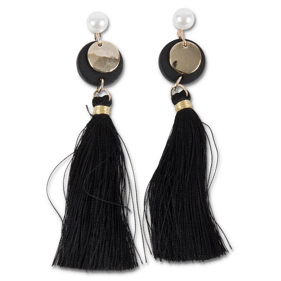 Black Tassel Earrings w/Pearl Post