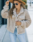 Fuzzy Button Up Collared Neck Jacket