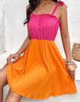 Two-Tone Tie-Shoulder Frill Trim Dress - Online Only