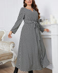 Plus Size Notched Neck Houndstooth Tie Belt Maxi Dress - Online Only