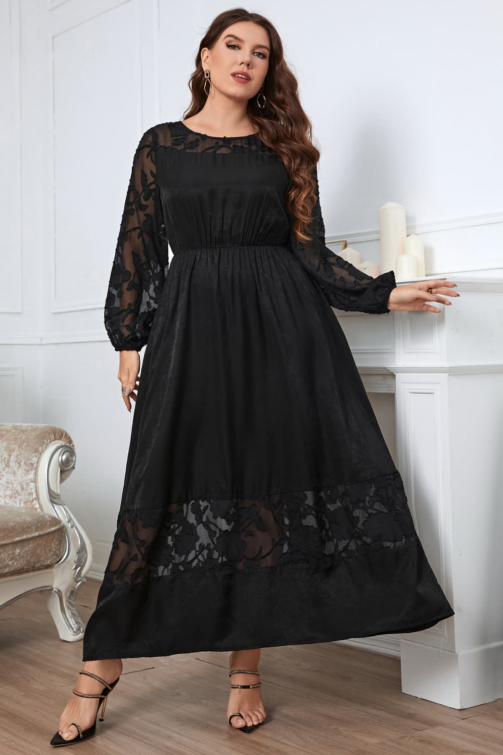 Plus Size Embroidery Round Neck Long Sleeve Maxi Dress - Online Only