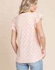 Culture Code Eyelet Round Neck Ruffled Cap Sleeve Top