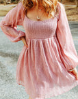 Scoop Neck Smocked Balloon Sleeve Dress - Online Only