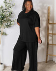 Double Take Full Size Round Neck Slit Top and Pants Set