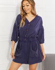 White Birch Play It Cool Three-Quarter Sleeve Romper in Blueberry - Online Only