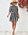 Striped Half Sleeve Tie Waist Mini Dress - Online Only
