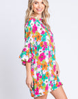 GeeGee Full Size Floral Round Neck Lantern Sleeve Mini Dress