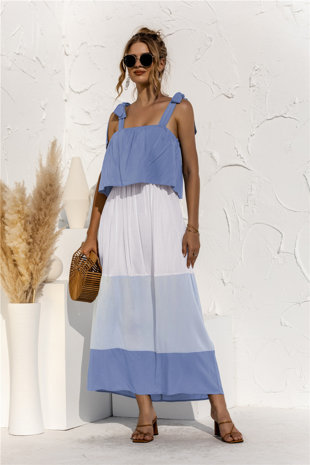 Color Block Tie Shoulder Tiered Sleeveless Dress - Online Only