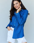 Doublju Blue Jean Baby Denim Button Down Shirt Top in Dark Blue - Online Only