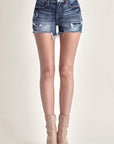 RISEN Mid Rise Raw Hem Denim Shorts