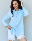 Doublju Blue Jean Baby Denim Button Down Shirt Top in Light Blue - Online Only