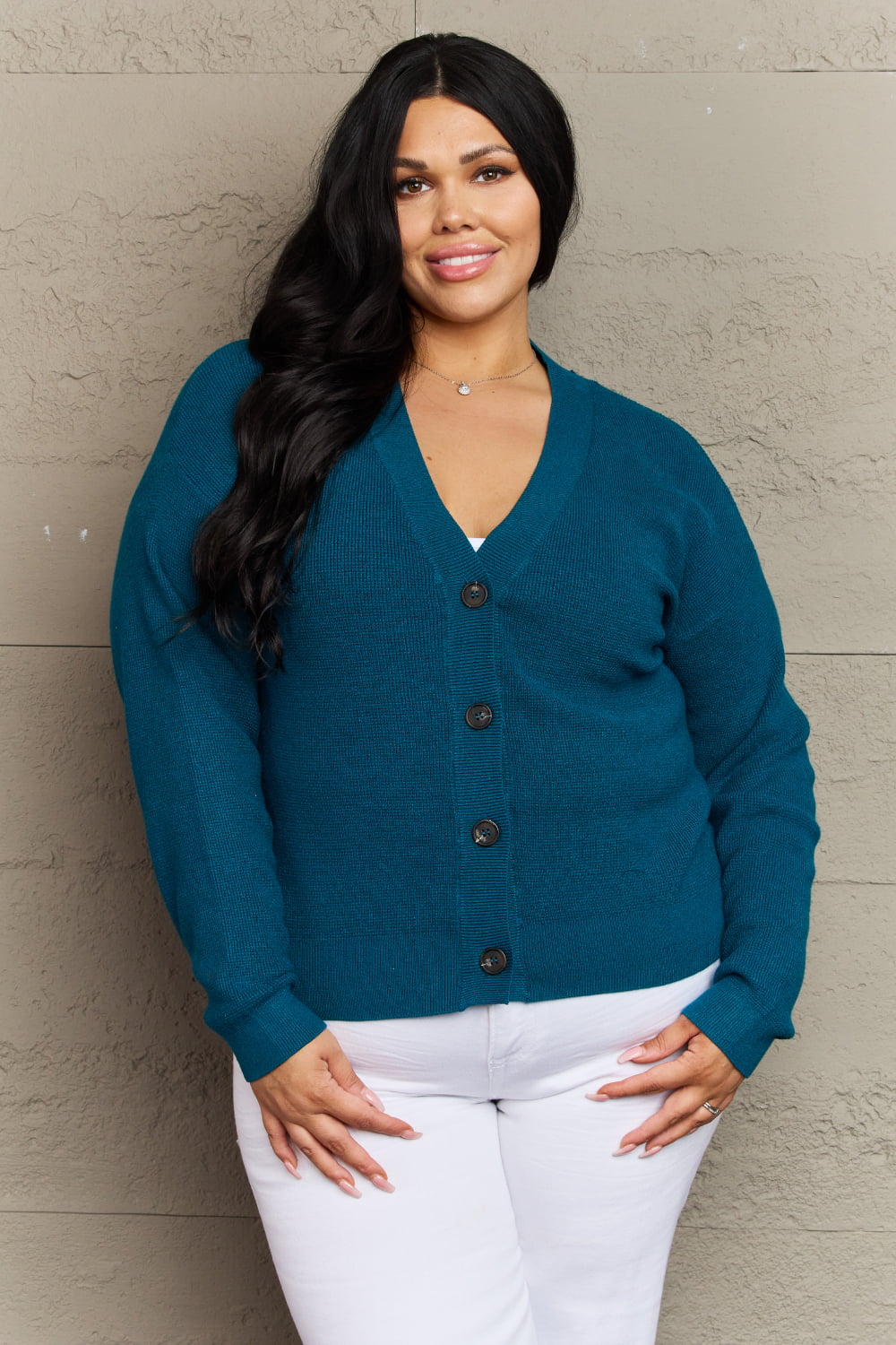 Zenana Kiss Me Tonight Full Size Button Down Cardigan in Teal - Online Only