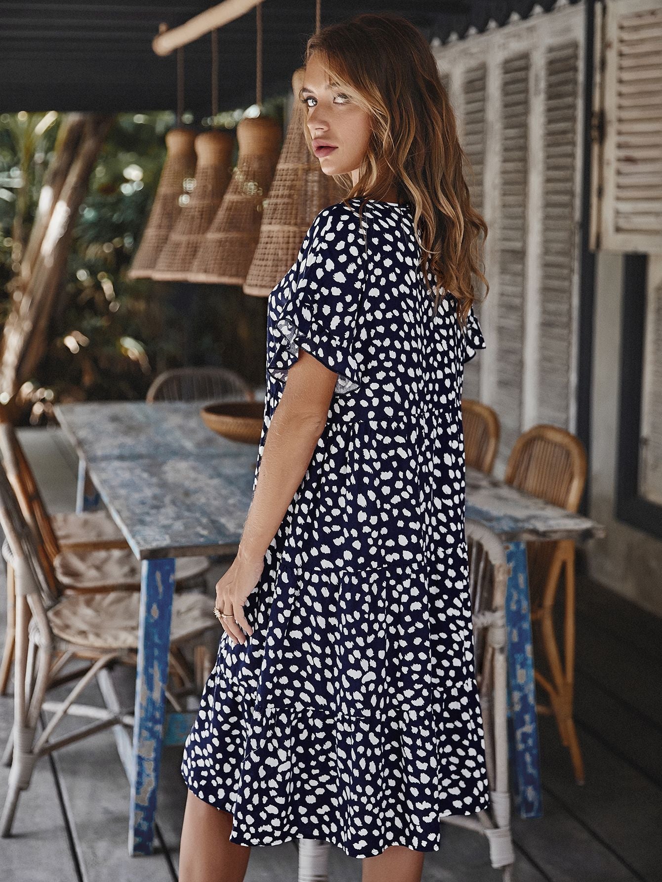 Printed Round Neck Tiered Dress - Online Only