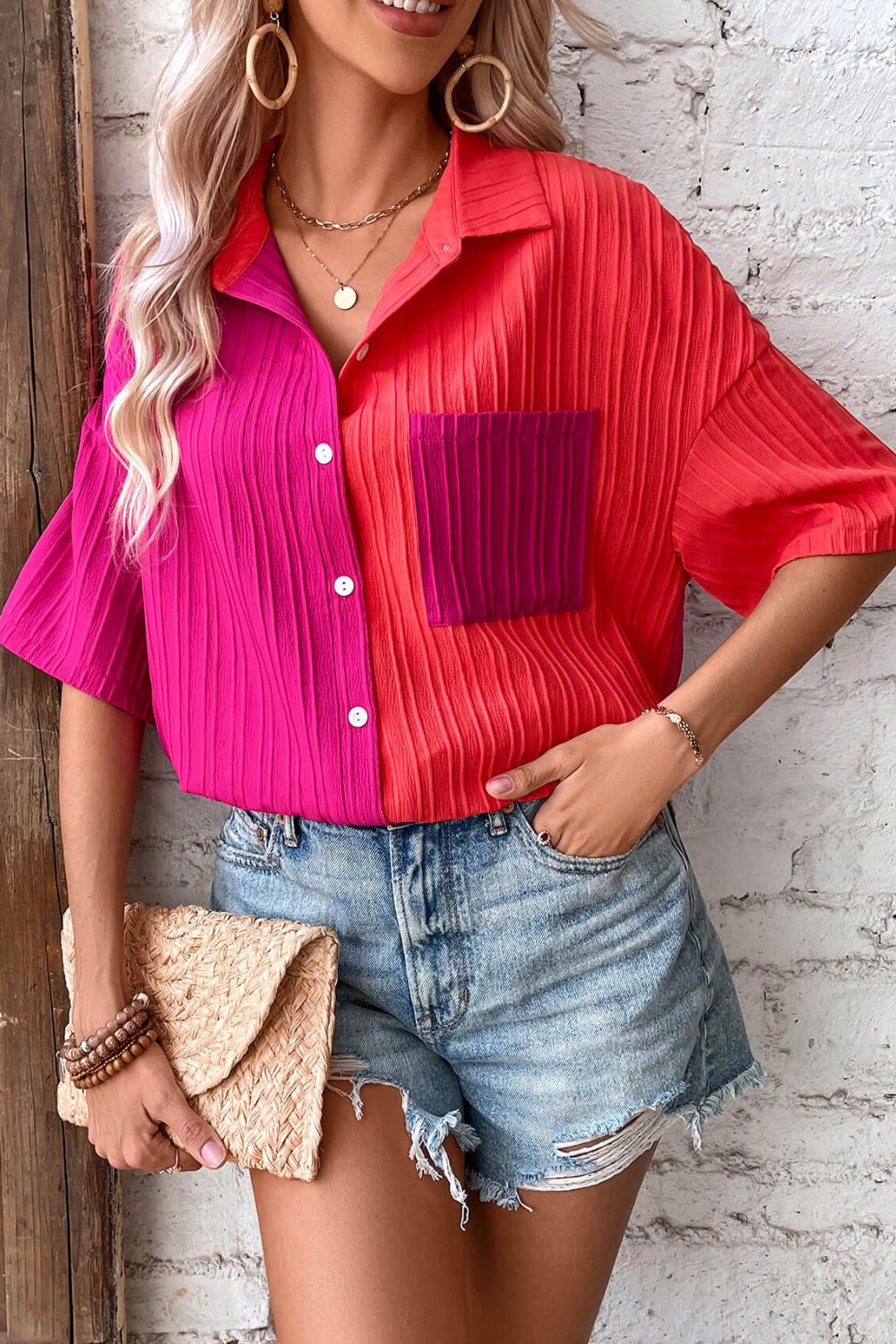 Two-Tone Button Front Dropped Shoulder Shirt - Online Only
