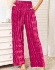 Double Take Full Size High Waist Tiered Shirring Velvet Wide Leg Pants