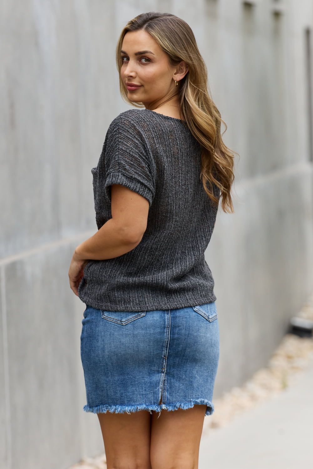 e.Luna Chunky Knit Short Sleeve Top in Gray - Online Only