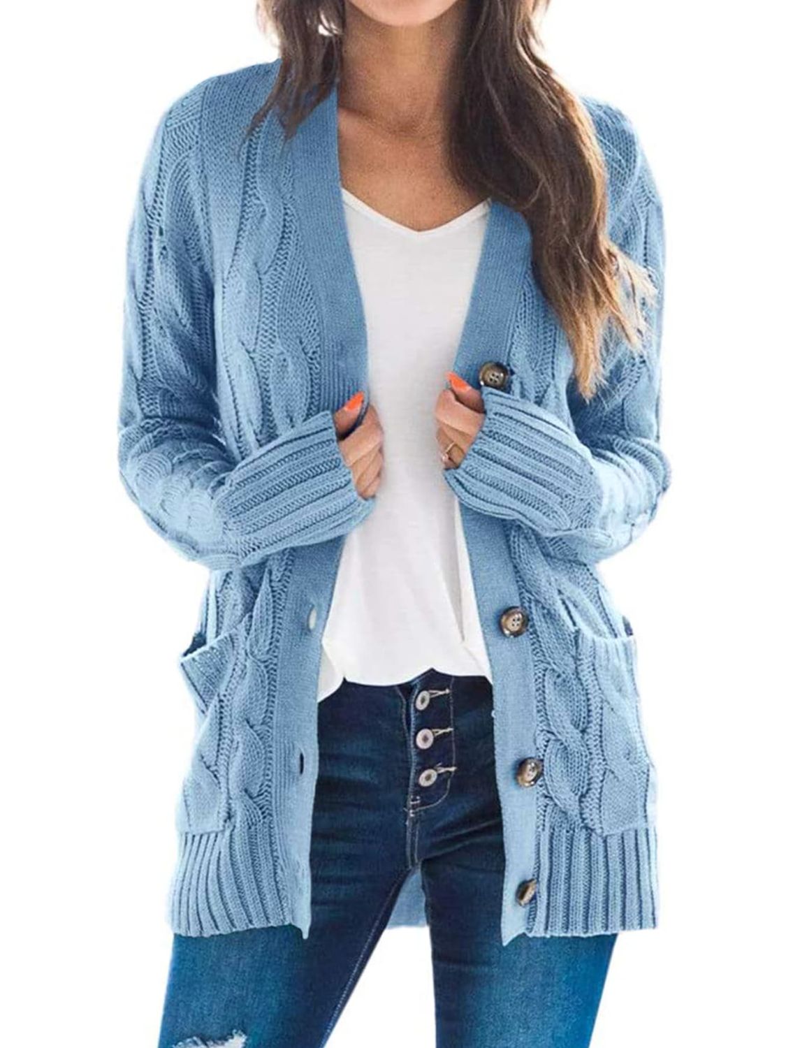 Cable-Knit Buttoned Cardigan with Pockets - Online Only