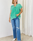 Zenana Washed Raw Hem Short Sleeve Blouse with Pockets