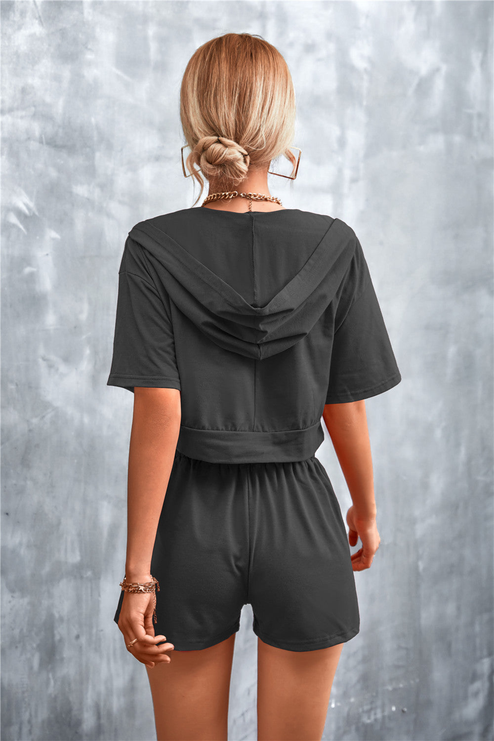 Half Zip Cropped Hooded T-Shirt and Shorts Set - Online Only