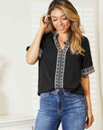 Double Take Embroidered Notched Neck Top