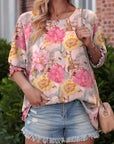 Floral Round Neck Three-Quarter Sleeve Top - Online Only