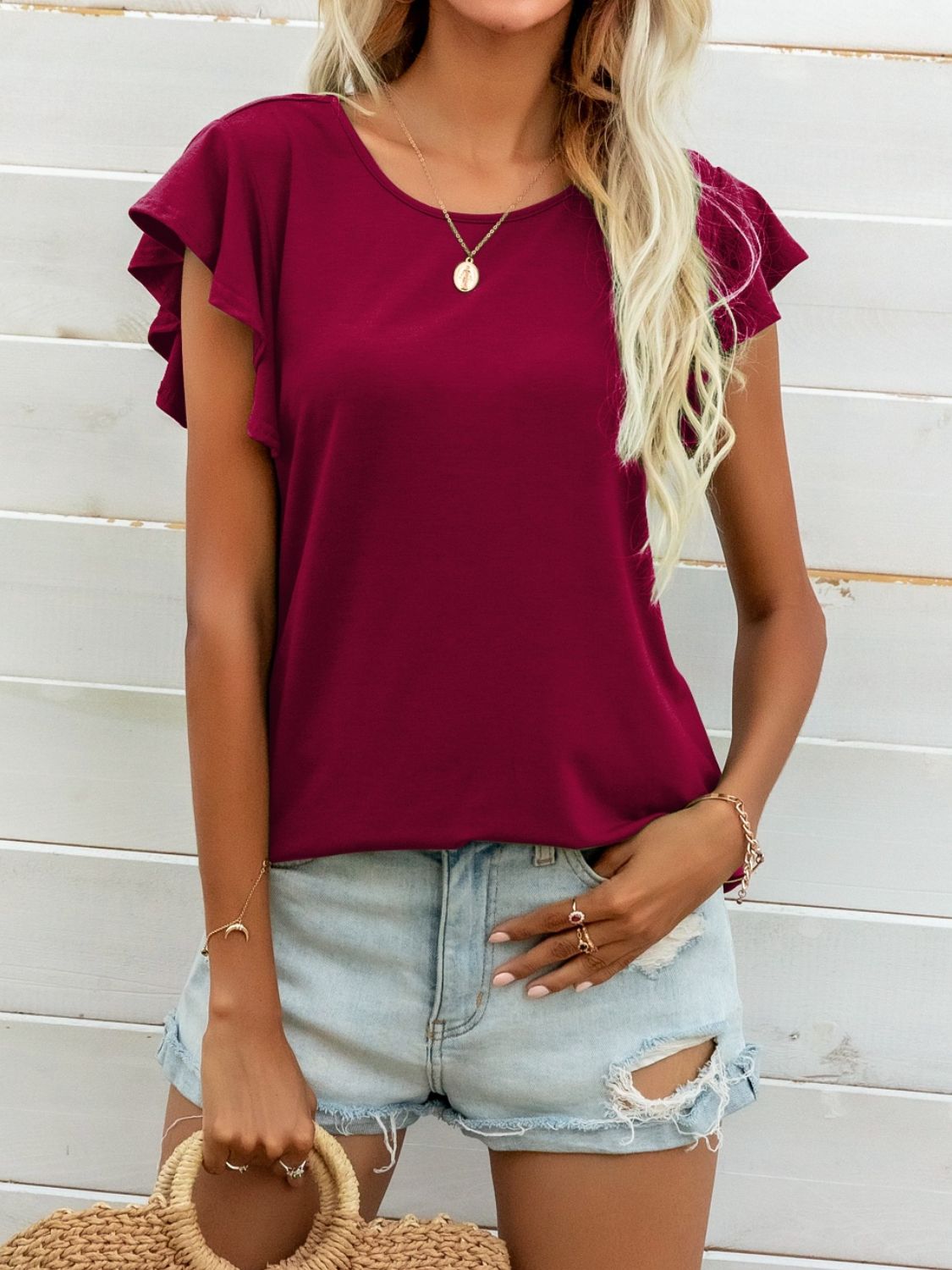 Round Neck Butterfly Sleeve Top - Online Only