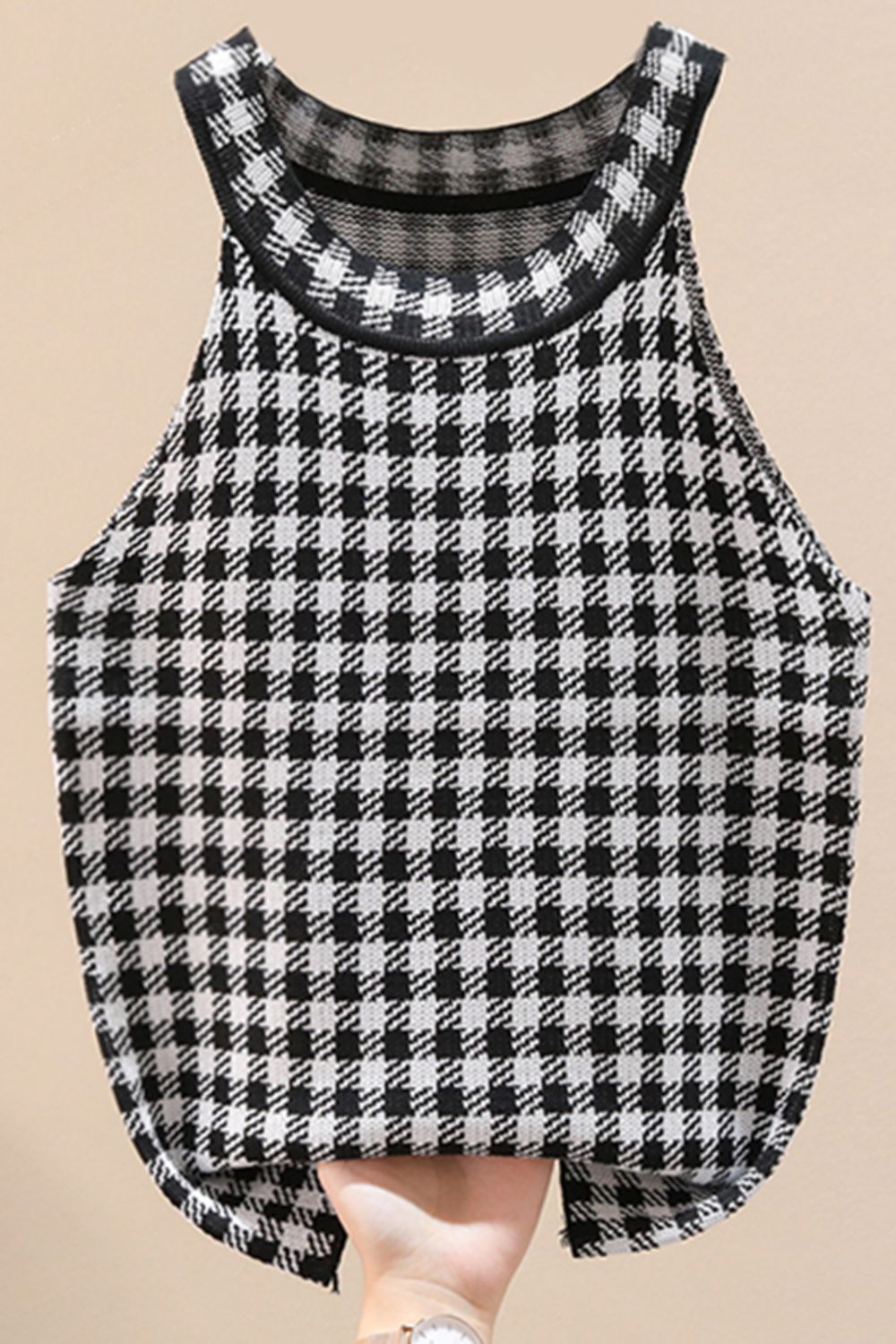 Plaid Round Neck Sleeveless Knit Top - Online Only