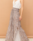 And The Why Printed Smocked Waist Slit Wide Leg Pants