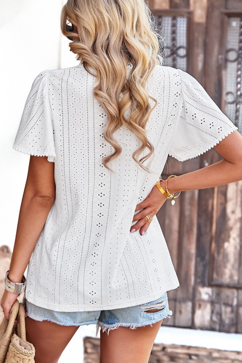Frill Trim Round Neck Eyelet Puff Sleeve Blouse - Online Only