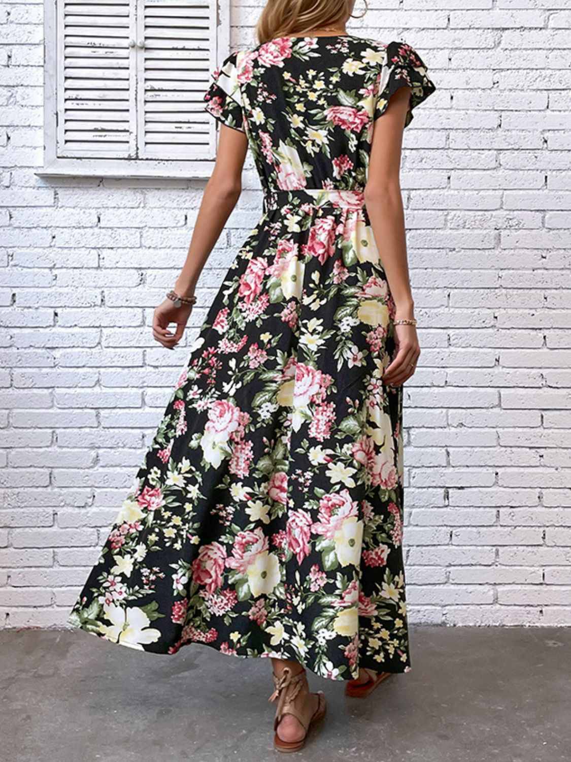 Floral Flutter Sleeve Tie-Waist Split Dress - Online Only