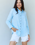 Doublju Blue Jean Baby Denim Button Down Shirt Top in Light Blue - Online Only