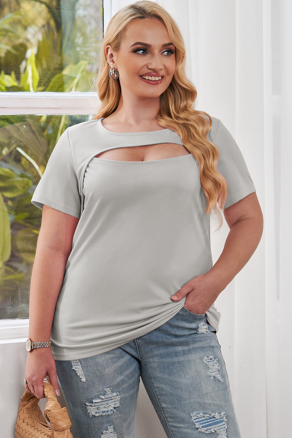 Plus Size Cutout Round Neck Short Sleeve Tee - Online Only