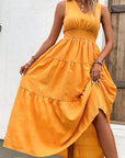 V-Neck Smocked Waist Sleeveless Tiered Dress - Online Only