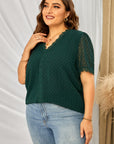 Plus Size Swiss Dot Spliced Lace V-Neck Blouse - Online Only