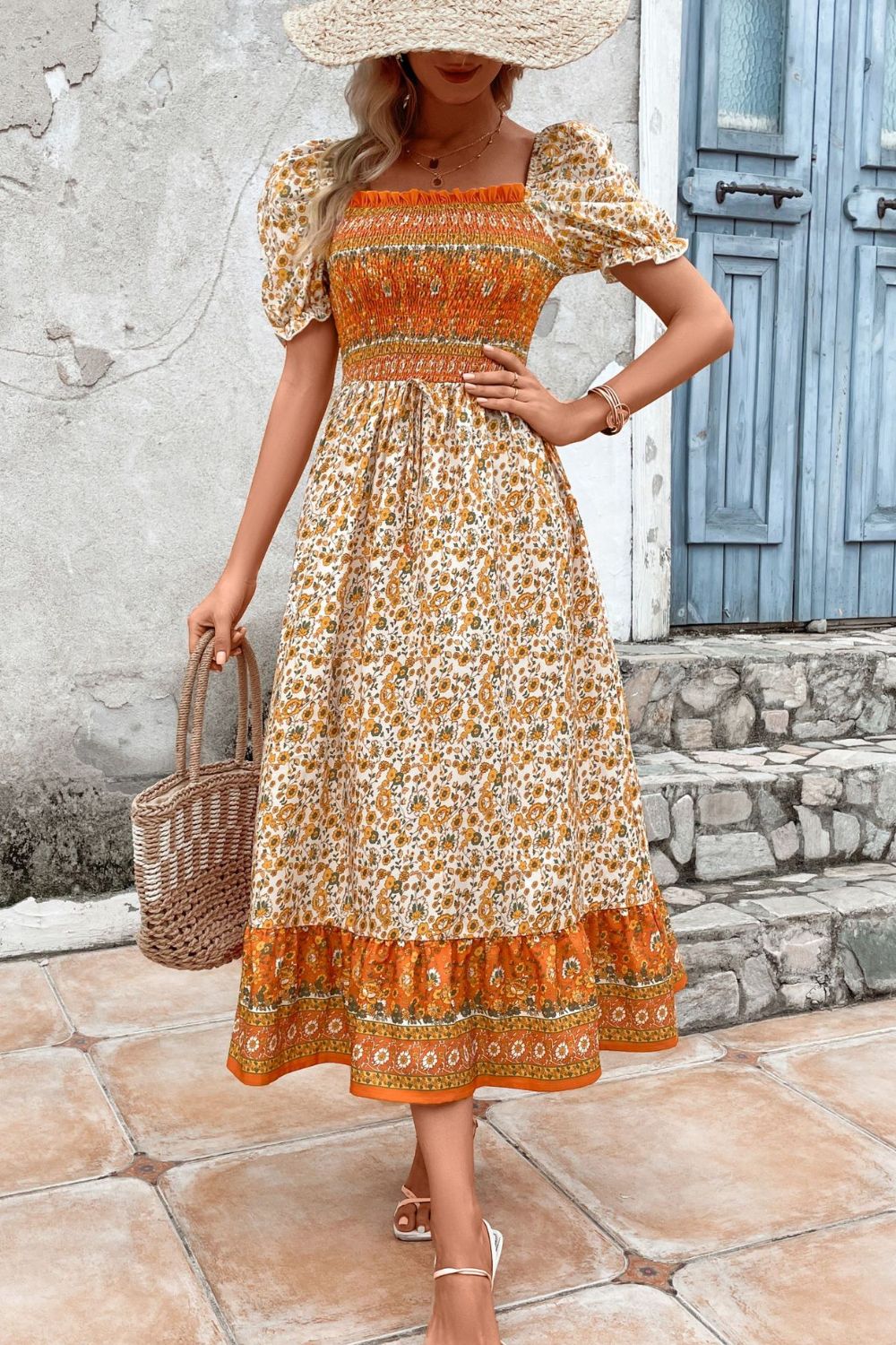 Bohemian Square Neck Puff Sleeve Dress - Online Only