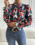 Floral Mock Neck Long Flounce Sleeve Blouse - Online Only