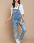 POL Front Chest Zipper Slim Leg Denim Overalls