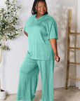 Double Take Full Size Round Neck Slit Top and Pants Set