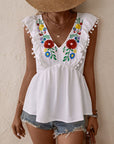 Embroidered Pom-Pom Trim Cap Sleeve Babydoll Top - Online Only
