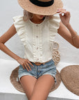 Decorative Button Frill Trim Round Neck Top - Online Only