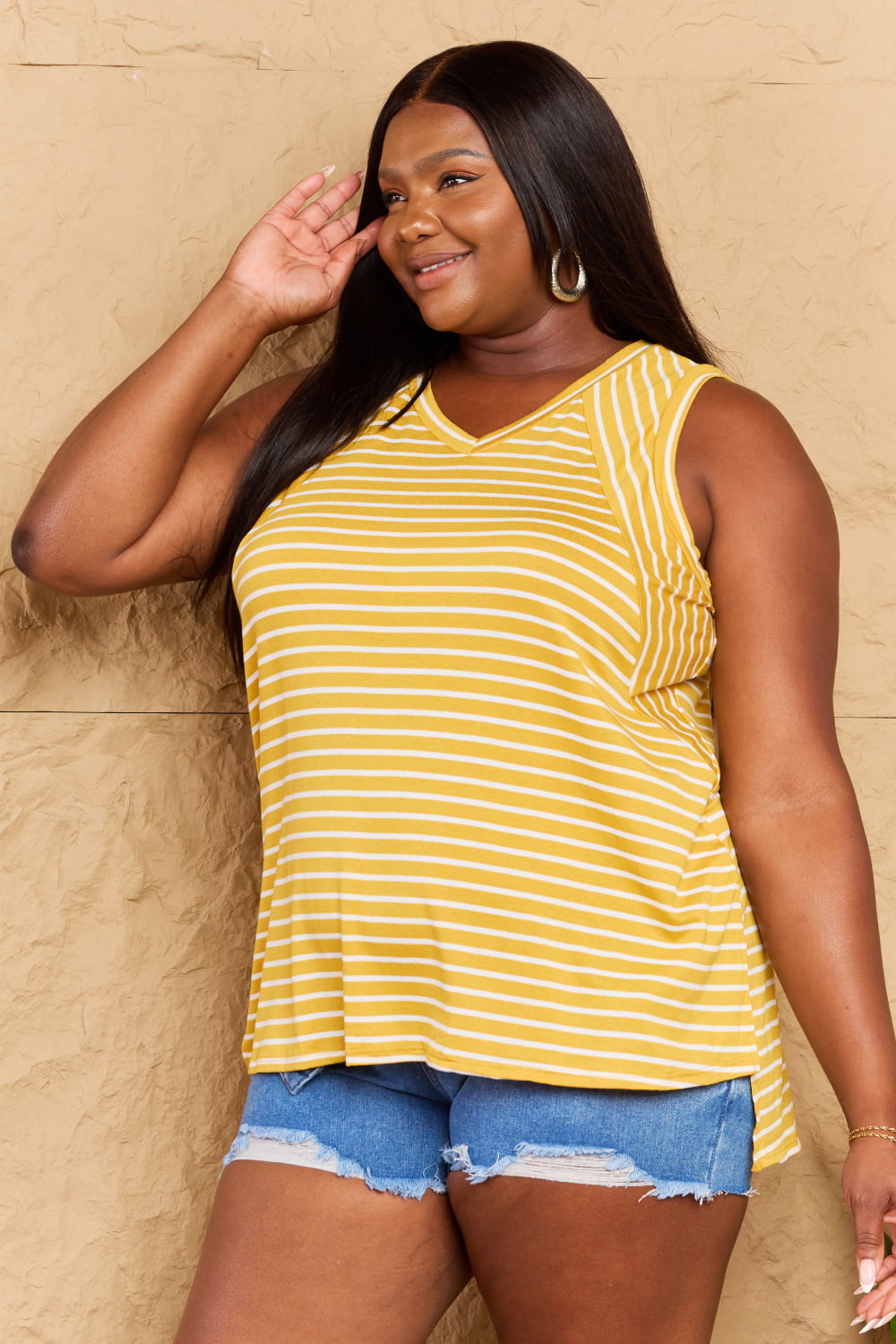 Doublju Talk To Me Full Size Striped Sleeveless V-Neck Top - Online Only