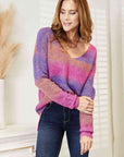 Double Take Multicolored Rib-Knit V-Neck Knit Pullover