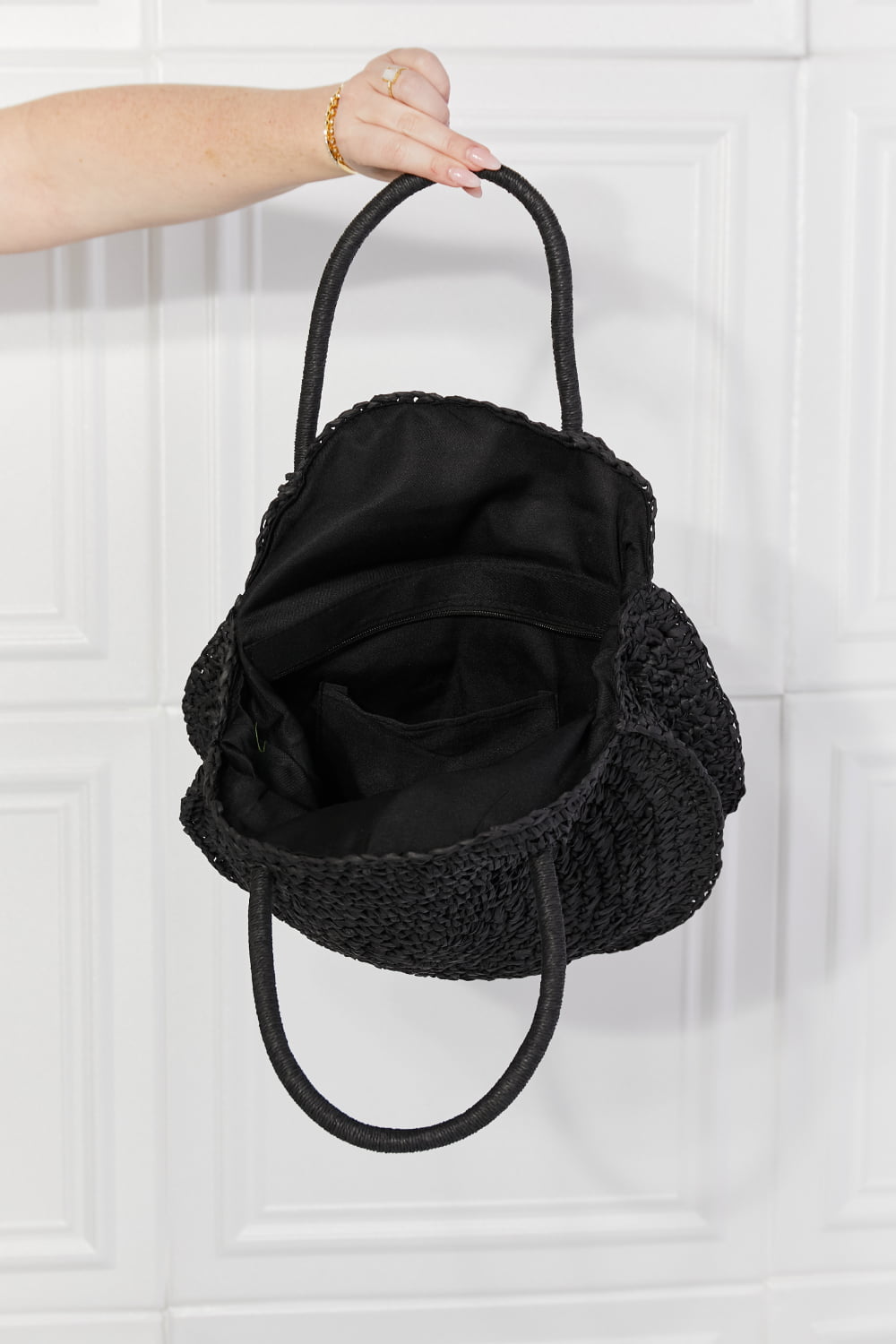 Justin Taylor Beach Date Straw Rattan Handbag in Black - Online Only