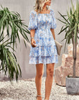 Smocked Square Neck Balloon Sleeve Mini Dress - Online Only