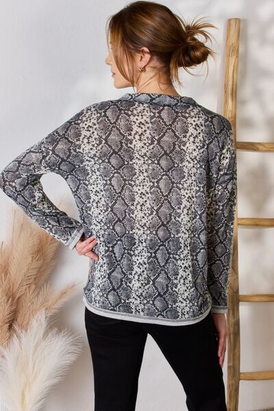 Hailey &amp; Co Full Size Snakeskin V-Neck Long Sleeve Top