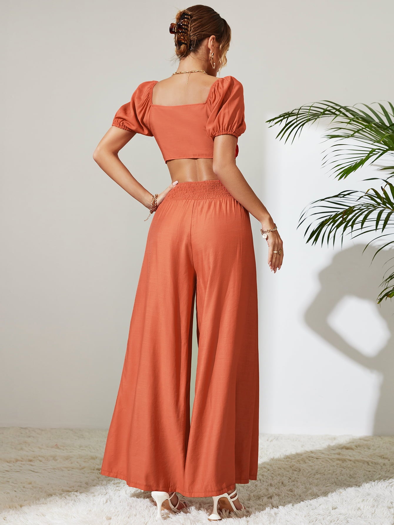 Tie Front Cropped Top and Smocked Wide Leg Pants Set - Online Only