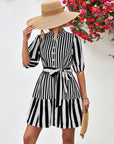 Striped Half Sleeve Tie Waist Mini Dress - Online Only